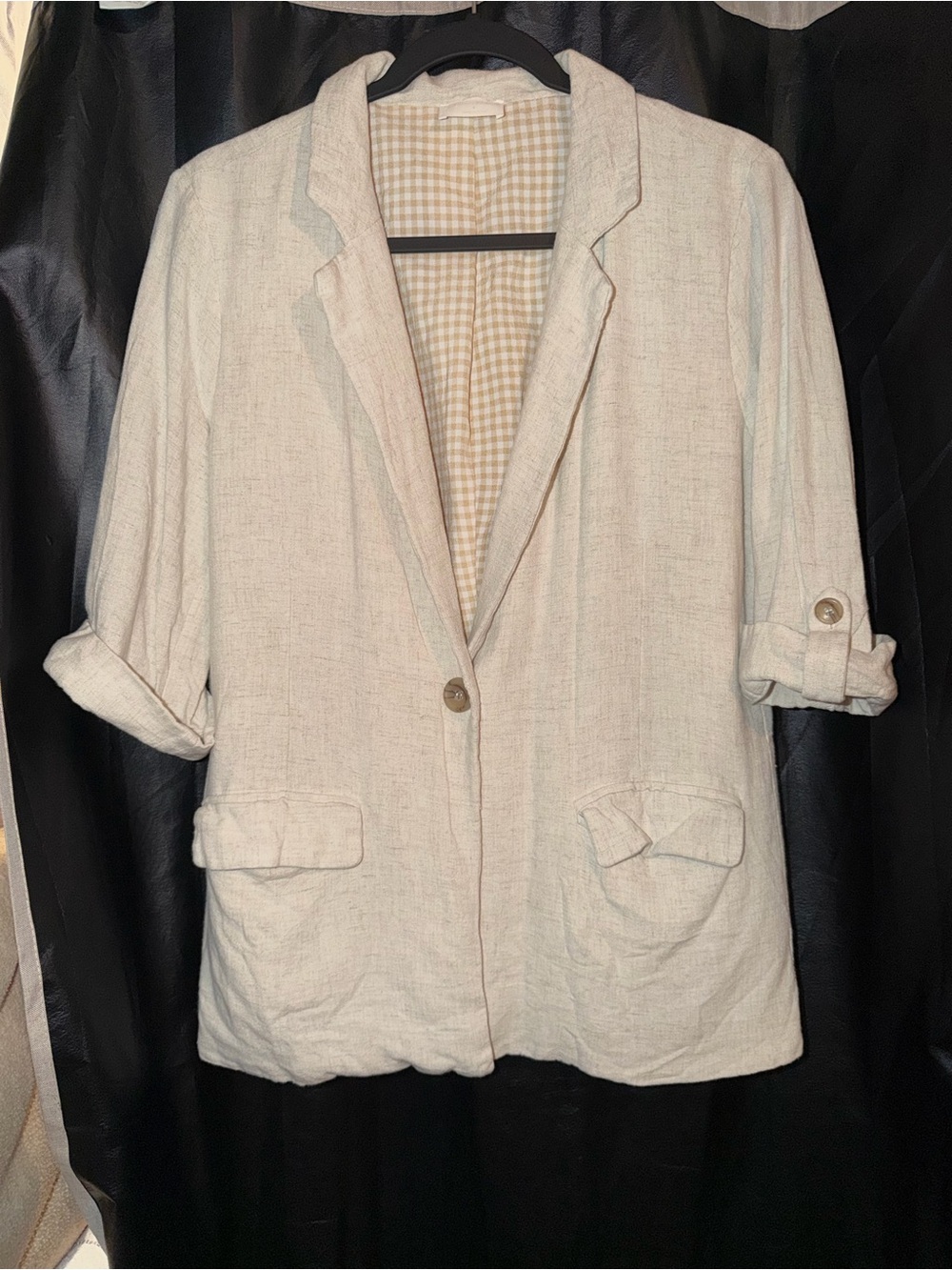 Beige Linen-Blend Roll-Sleeve Women's Blazer
